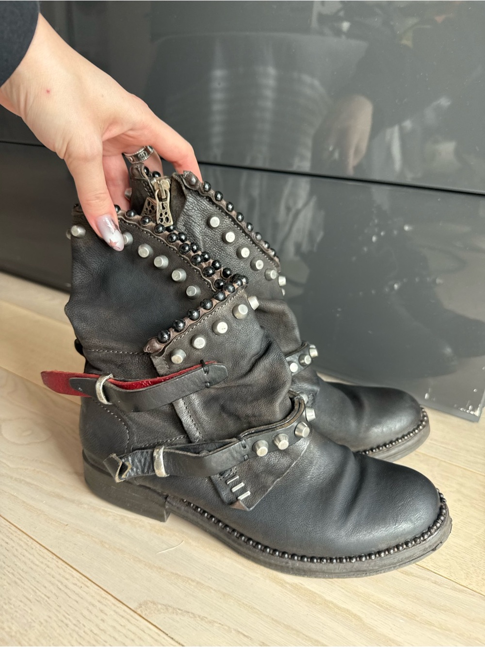EDGY A.S.98 Black Leather Studded Multi-Buckle Moto Ankle Boots 🔥